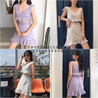 SET ÁO CROPTOP KẺ CARO VẠT BÈO CỔ V MIX CHÂN VÁY CARO ĐUÔI CÁ HOT