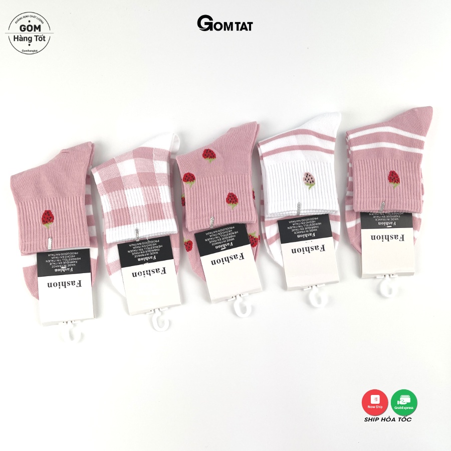 [SET 5 ĐÔI] Vớ Nữ Cổ Cao họa tiết TRÁI DÂU, Tất Nữ Cotton mềm mịn thoáng mát - LISU-NUCAO-TRAIDAU-CB5