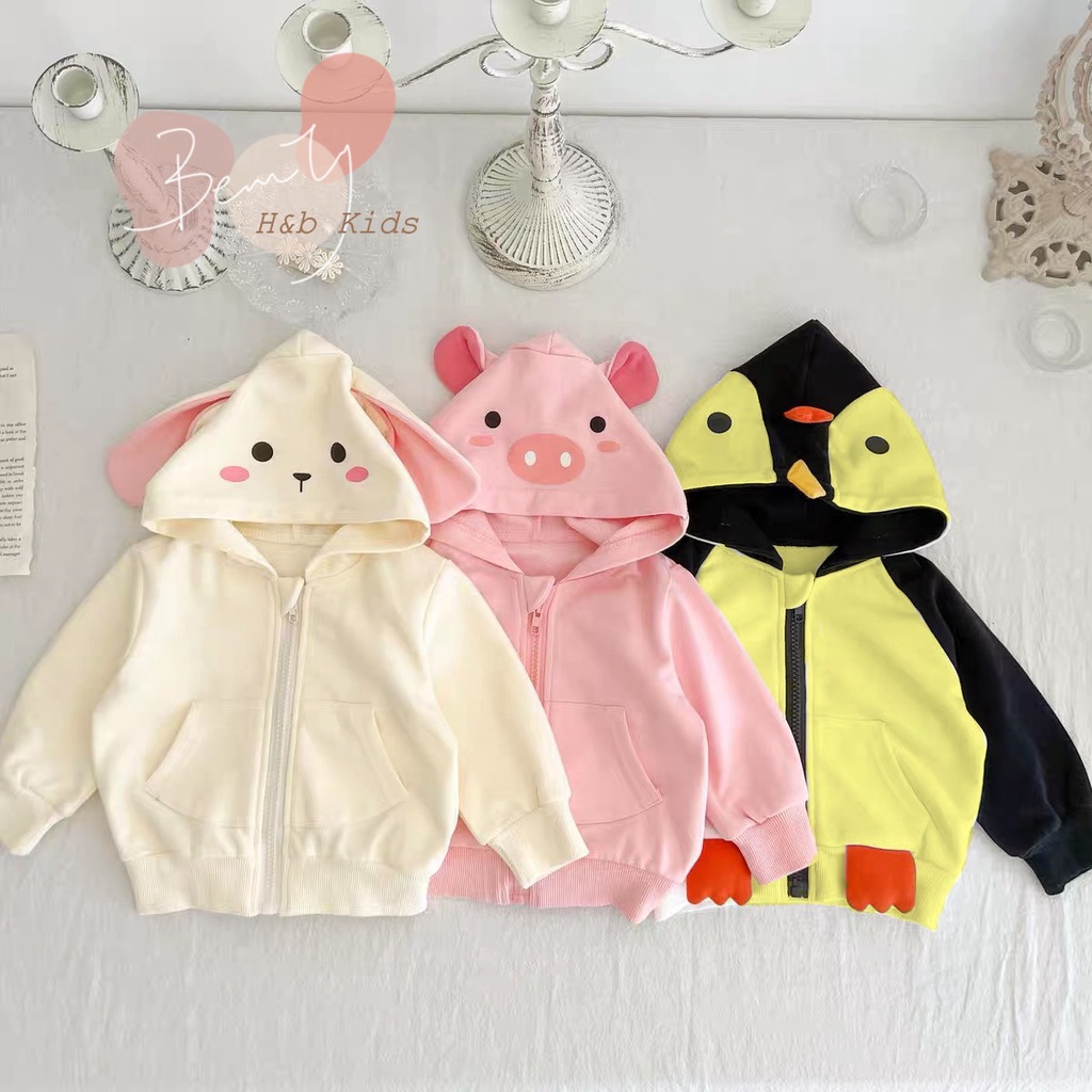 Áo dài tay thu đông cho bé gái TAI THỎ chất nỉ da cá có mũ họa tiết hoạt hình dễ thương 7-20kg
