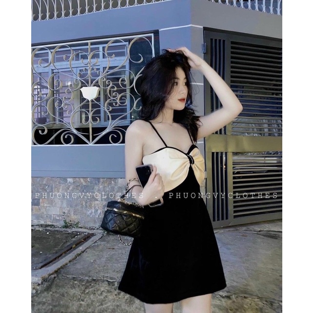 ĐẦM 2S ĐEN PHỐI NUDE NƠ NGỰC ĐÍNH NGỌC