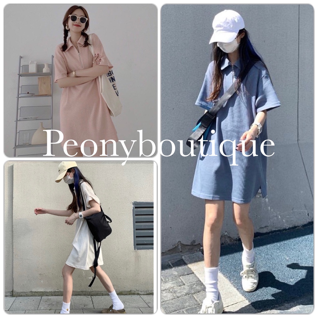 Váy Polo Tổ Ong Phối Khóa PEONYB Nữ [FREESHIP] 🌸 Đầm cộc tay lỡ dáng suông form rộng học sinh cá tính hàn quốc Ulzzang 🌸 | WebRaoVat - webraovat.net.vn