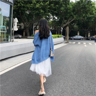 Set Cardigan len+váy 2 dây bồng xoè