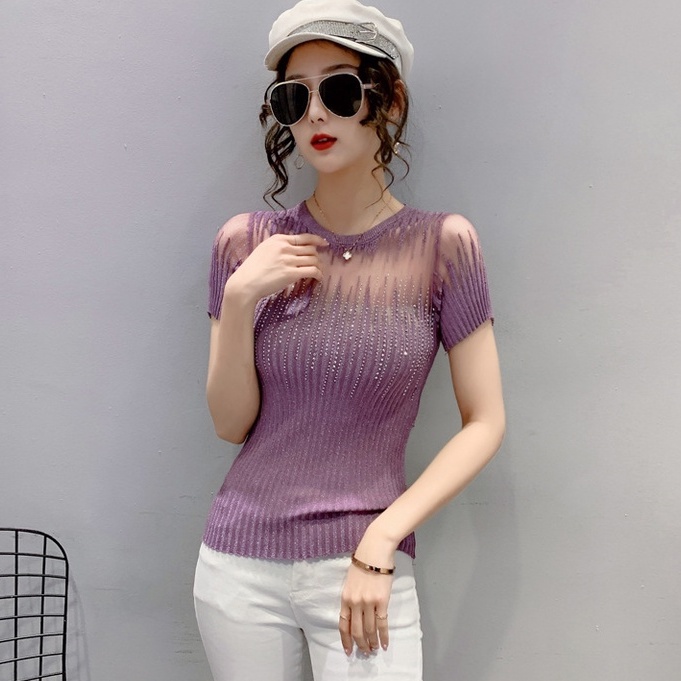 Áo lưới nữ áo thun tay ngắn nữ Đính Đá Thời Trang Mùa Hè