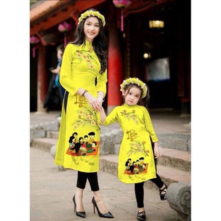 Áo Dài Cách Tân MẸ VÀ BÉ cổ trụ họa tiết LỘC tết sum vầy AD238