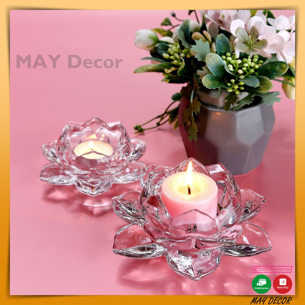 Đế Nến Trang Trí Thủy Tinh Hoa Sen Pha Lê Chân Nến Cổ Điển | MAY Decor