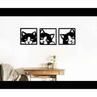 Tranh hình mèo trang trí tường, tranh cắt gỗ trang trí tường, bộ 3 tranh