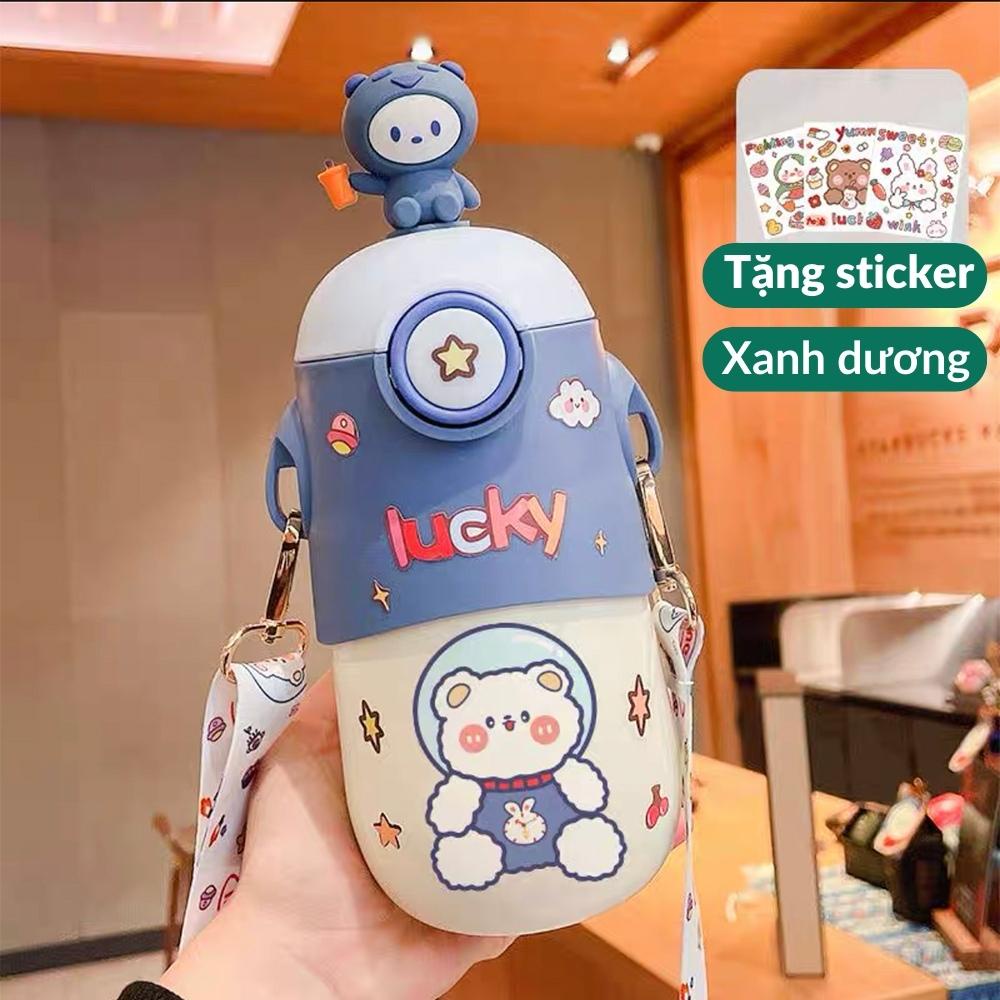 Bình Giữ Nhiệt POR043 500ML Cho Bé Kèm Dây Đeo Tiện Lợi, Bình Nước Dán Sticker Xinh Xắn