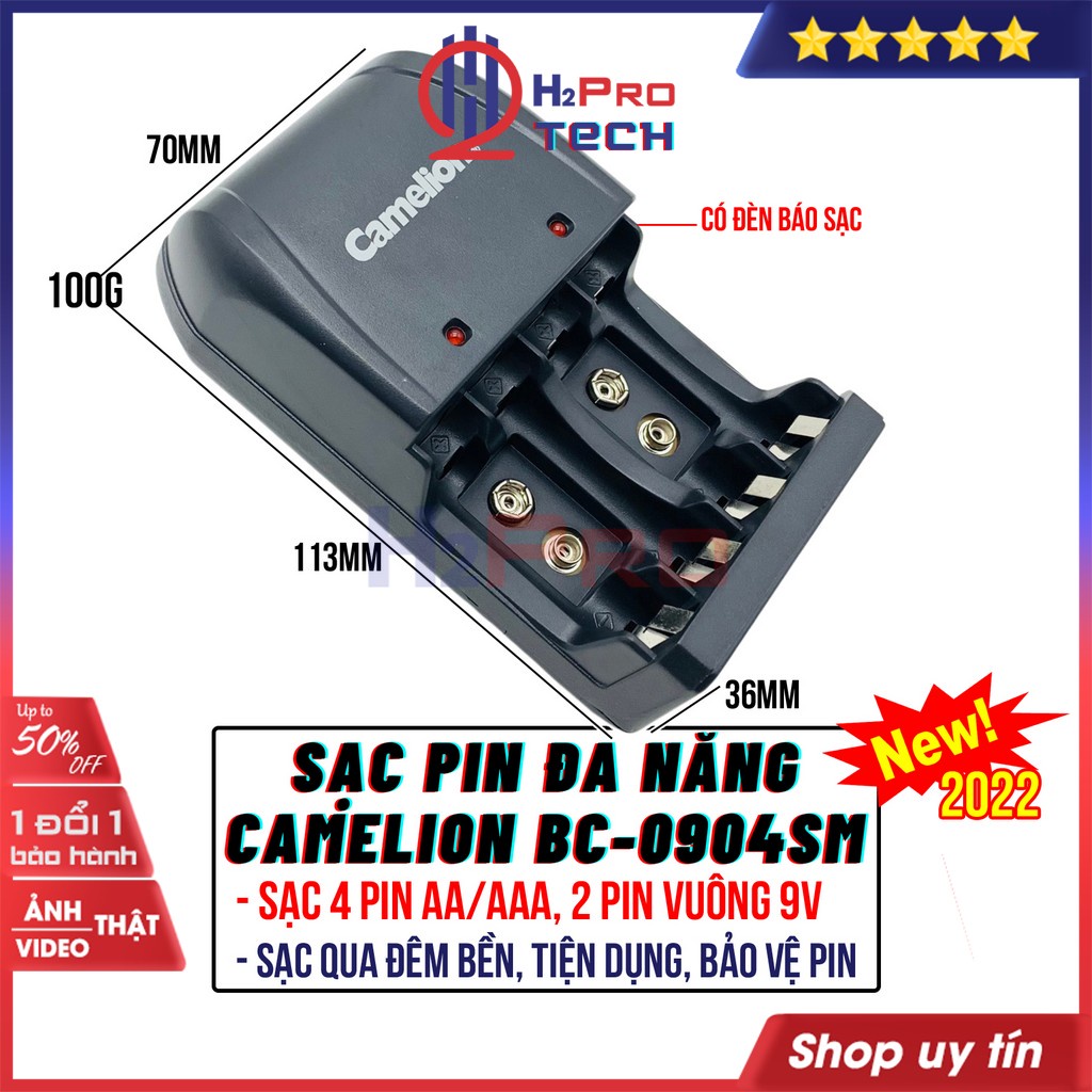 Sạc Pin Tiểu, Sạc Pin AA AAA Camelion BC-0904SM Chính Hãng, Nạp Pin Vuông 9V Đa Năng, Nạp Nhanh, Tiện Dụng-H2Pro Tech