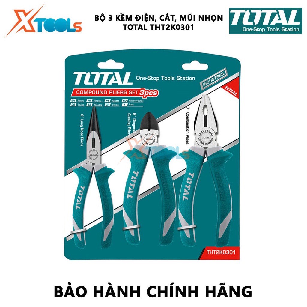 Bộ 3 kìm đa năng INGCO - TOTAL Kềm cắt, kềm răng điện, kềm mũi nhọn thép CrV siêu cứng bền cắt kẹp tuốt dây điện cáp kẽm