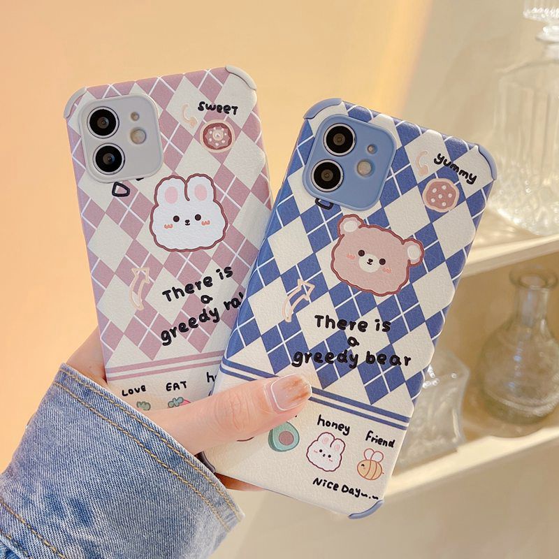 Diamond Lattice Greedy Bear Lambskin Case for Iphone 7 8 + Plus X XR XS Max IPhone 11 Pro Max SE IPhone 12 13 Pro Max VIVO Z1 Pro Ftd Shin Case