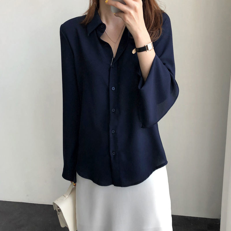 áo kiểu nữ  Shirt Women's Style New Cute Polo Loose Chiffon Shirt Long Sleeve Thin