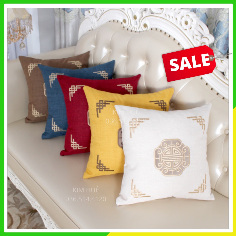 Gối tựa lưng sofa vuông 45x45cm thêu chữ thọ đẹp sang trọng Kim Huệ Decor