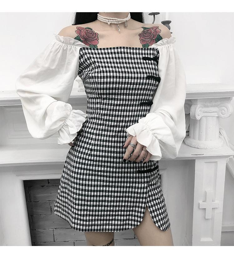 Đầm tay dài không dây họa tiết caro ôm eo cho nữ