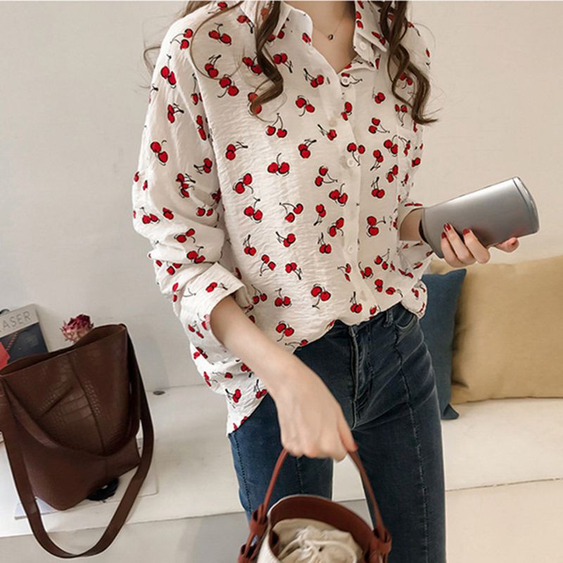FREESHIP ĐƠN 99K_ Áo Sơ Mi Tay Dài Dáng Rộng Hoạ Tiết Cherry Phong Cách Hàn Quốc