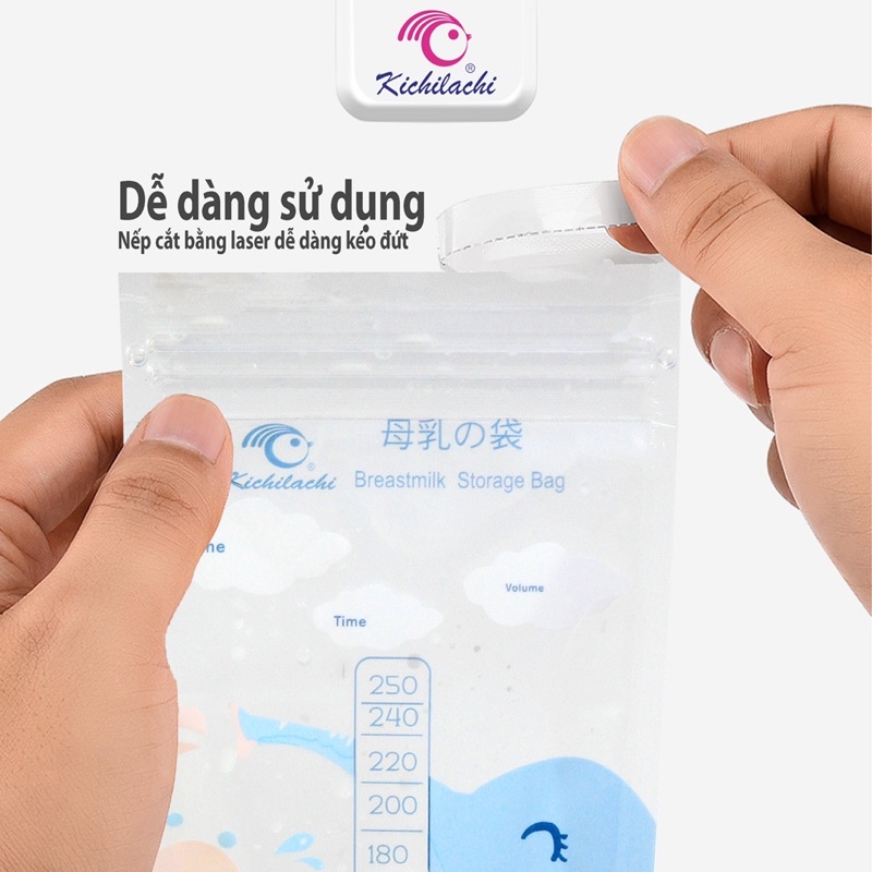 Túi Trữ Sữa Kichilachi 250ml- Cảm Biến Nhiệt Độ, Có Khóa Zip Chắc Chắn Chống Rò Rỉ