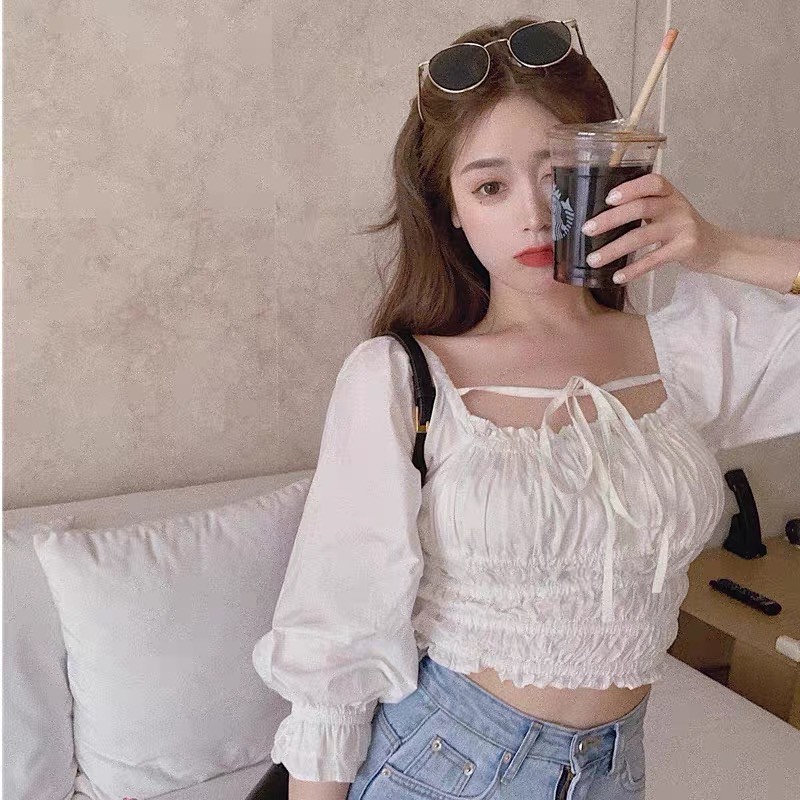 [Hàng mới về] Áo croptop nữ 🍓 FREESHIP 🍓 Áo croptop tay dài kiểu cổ vuông bo chun đẹp 🍓