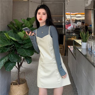 Set Váy da hai dây + Áo thun dài tay cao cổ - Có ảnh thật