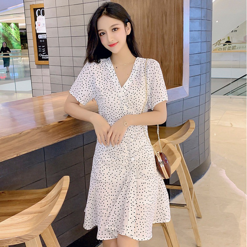 Đầm nữ tay ngắn cổ chữ V họa tiết chấm bi thời trang quyến rũ