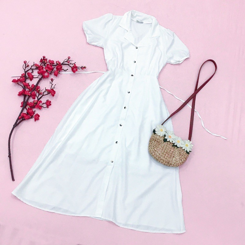 Đầm váy trắng form dài thắt eo (kèm hình thật)