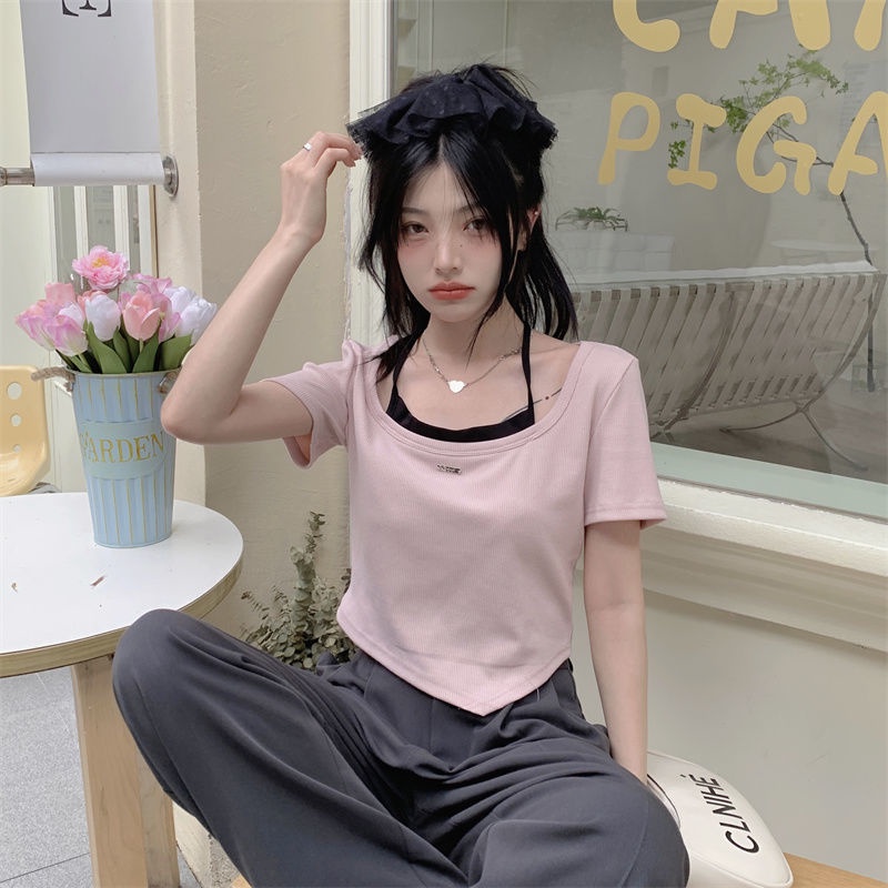 Áo Thun Ngắn Tay Hai Mảnh Thiết Kế Dáng Ngắn Phong Cách Hàn Quốc Thời Trang Mùa Hè Hàng Mới 2022 Dành Cho Bạn Nữ