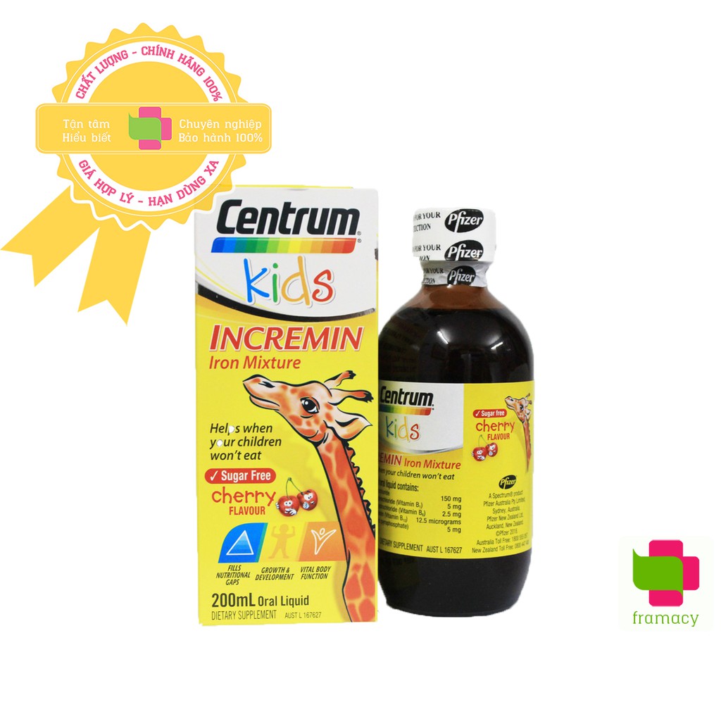 Siro Centrum Kids Incremin Iron Mixture, Úc (200ml) giúp ăn ngon miệng hấp thu tốt hơn cho trẻ biếng ăn từ 6 tháng tuổi