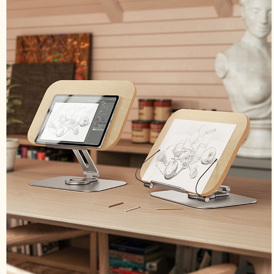 Giá đỡ điện thoại và máy tính bảng, giá kẹp sách xoay 360 độ chịu lực cực tốt, Kẹp điện thoại chất liệu hợp kim nhôm gỗ