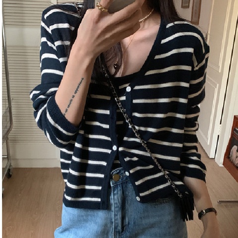 Set áo cardigan và áo hai dây ZHELIHANGFEI dệt kim kẻ sọc phong cách retro