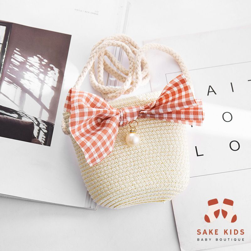 Túi cói mùa hè trẻ em, Túi đi biển dễ thương nhiều hình Nơ Thỏ có khóa kéo tiện lợi cho bé gái phong cách Hàn Quốc TC01