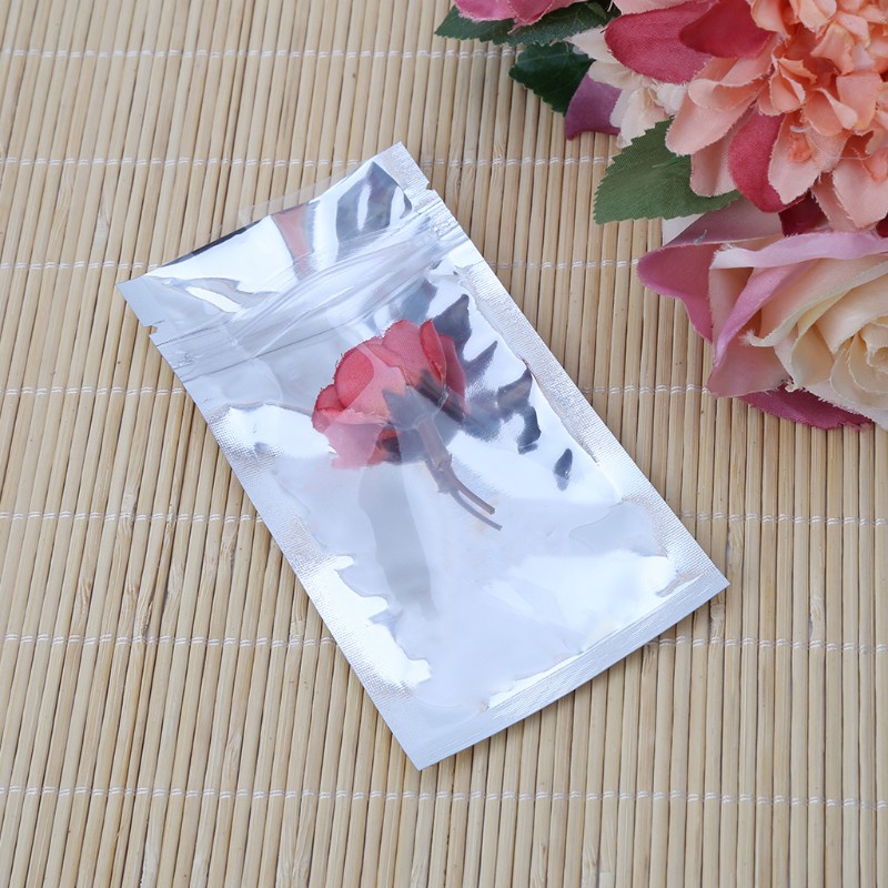 Bộ 50 cái túi khóa kéo lá nhôm Mylar mặt trước trong sau bạc 7x13cm chống rò rỉ đóng lại được