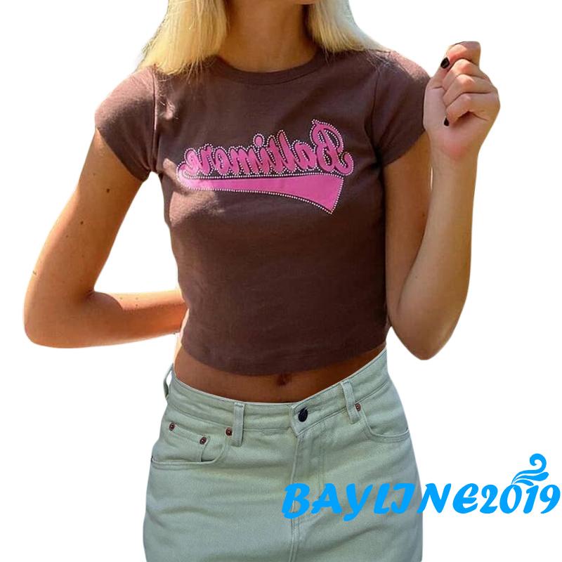 Áo thun dáng ngắn in chữ màu xanh lá vàng/tím/xanh lam nhạt thời trang mùa hè sành điệu cho nữ