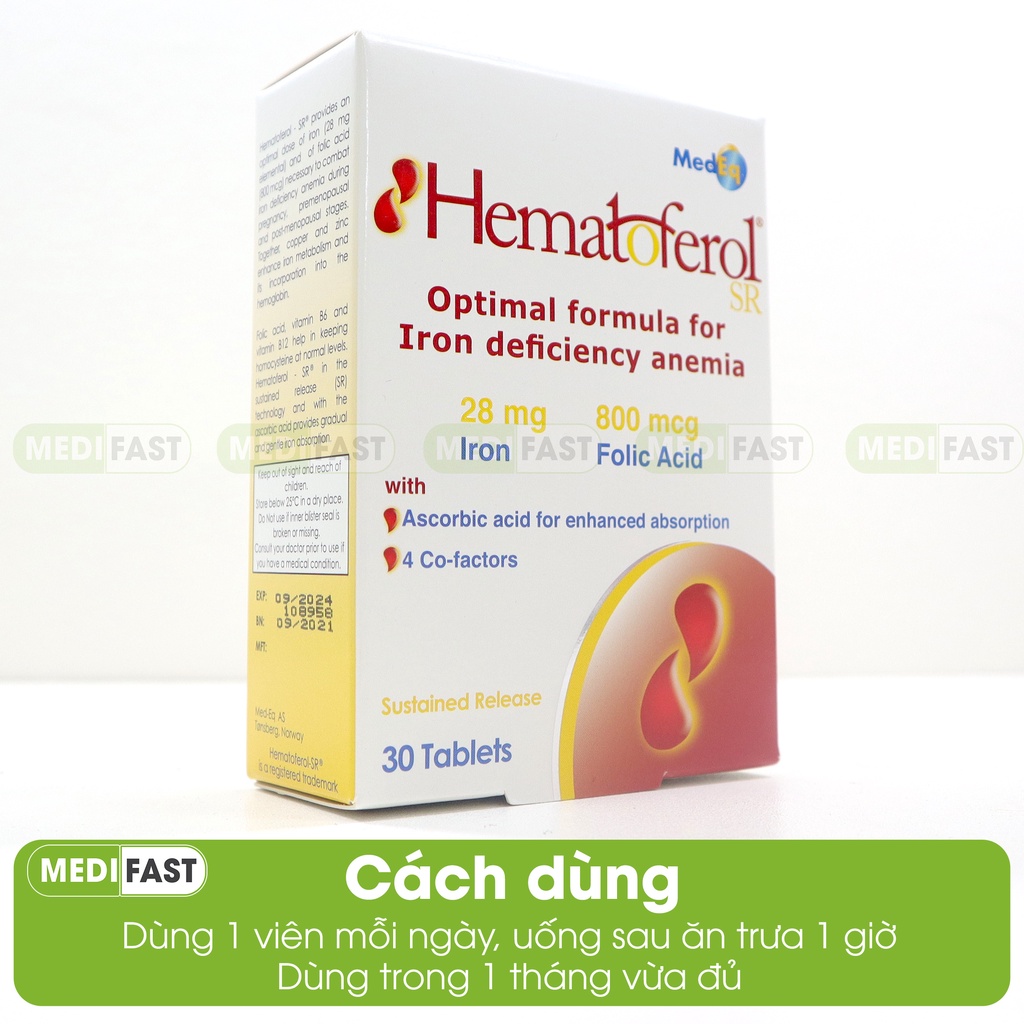 Bổ sung sắt hữu cơ Hematoferol, Vitamin B, acid folic cho cả mẹ và bé, giúp tái tạo hồng cầu Nhập khẩu Châu Âu - Hộp 30v
