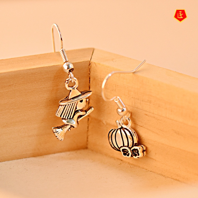 Bông Tai Bạc 925 Hình Quả Bí Ngô / Phù Thủy / Quả Bí Ngô / Phù Thủy / Phù Thủy Độc Đáo Phong Cách Halloween Đen