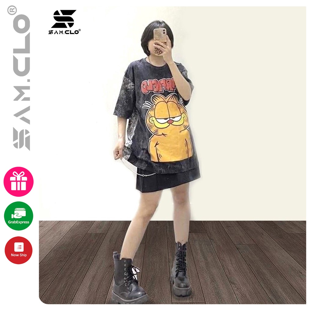 Áo thun in loang SAM CLO ulzzang nam nữ tay lỡ freesize phông form rộng dáng Unisex, mặc lớp, nhóm,cặp hình MÈO GARFIELD