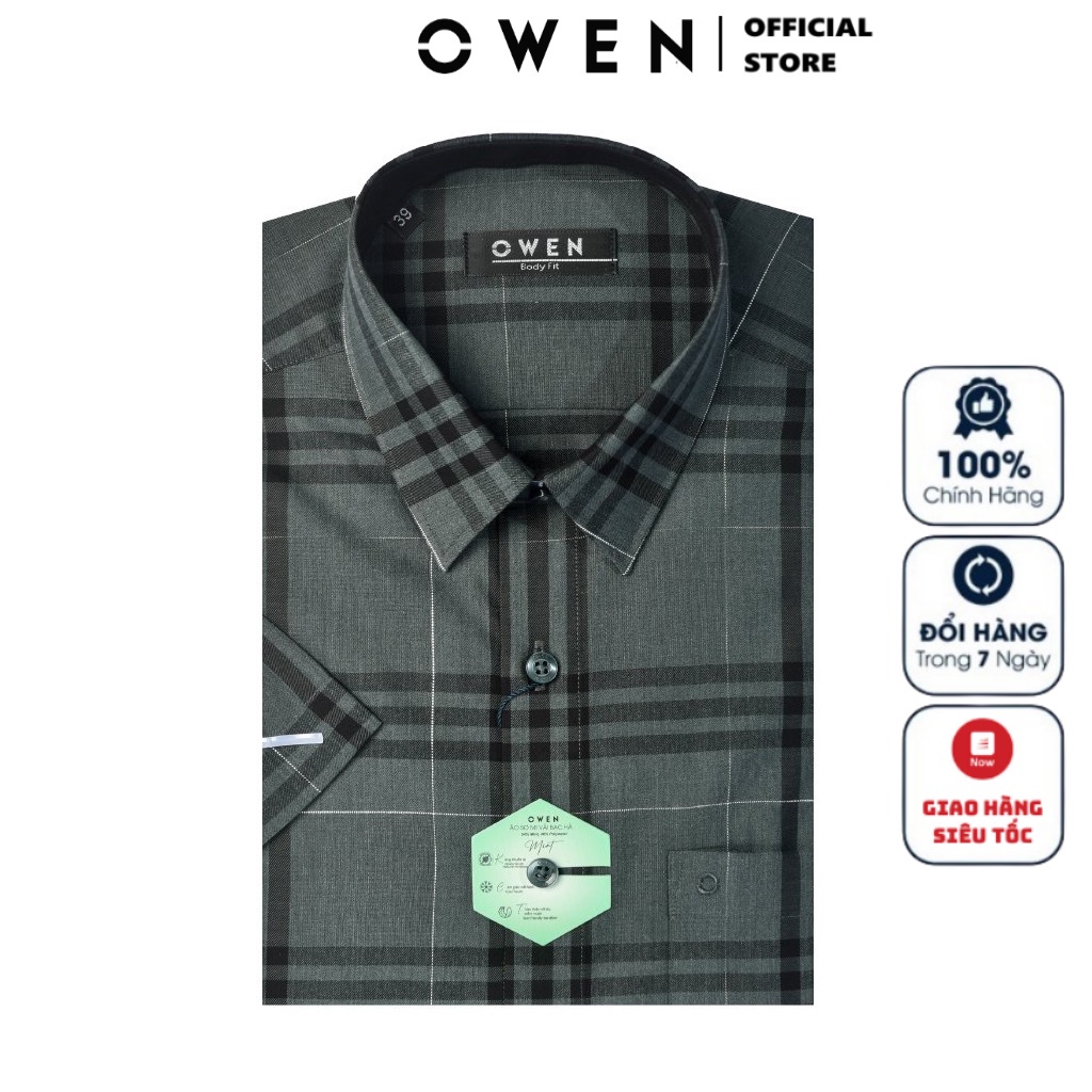 Áo Sơ Mi Nam Ngắn Tay OWEN BA220412NT Somi Công Sở Cao Cấp Màu Xanh Rêu Kẻ Đen Vải Bạc Hà Dáng Body Fit Tà Bằng Có Túi