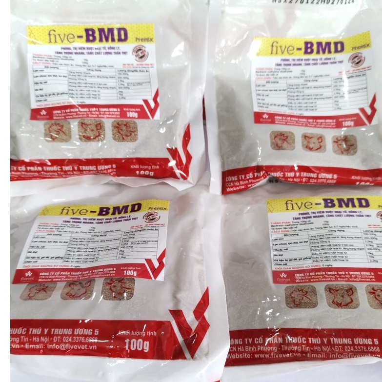 Five BMD Premix 100G viêm ruột hoại tử, hồng lỵ, tăng trọng nhanh trên gia súc, gia cầm