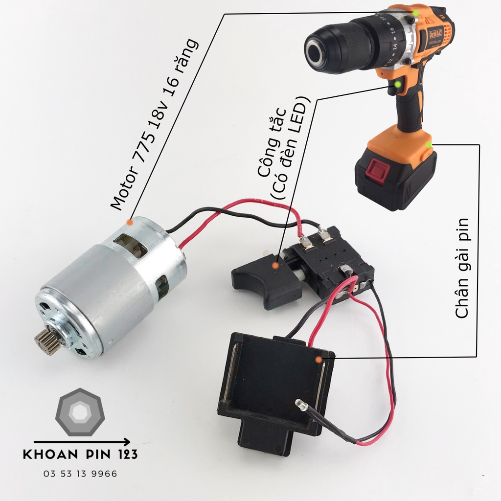 Motor 775 18v 16 răng kèm công tắc điều tốc và chân gài pin cho máy khoan 13mm chân Makita 18v