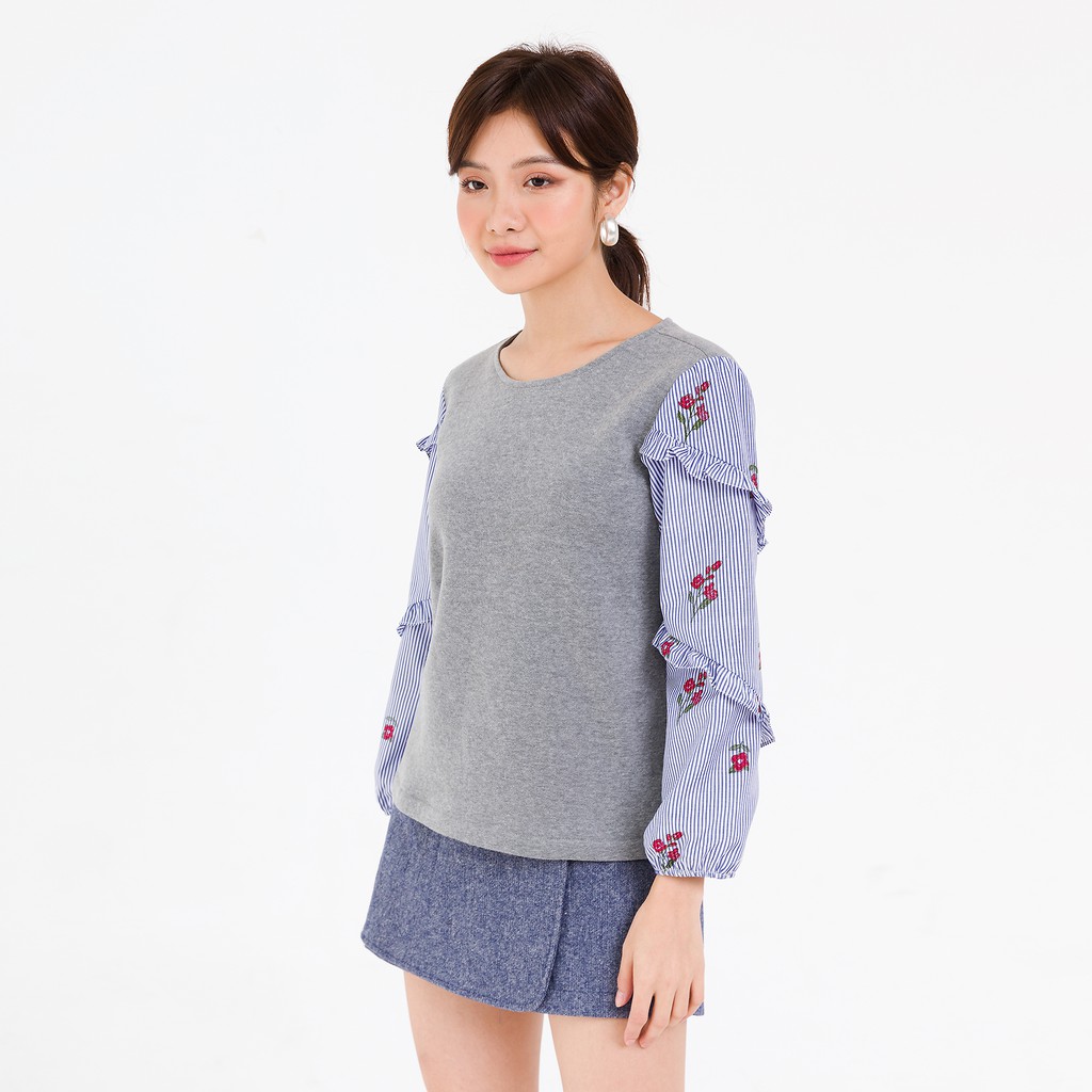 Áo nỉ chui đầu tay phối can bèo VIENTRAN V61W20T039 (Nhiều màu) | BigBuy360 - bigbuy360.vn