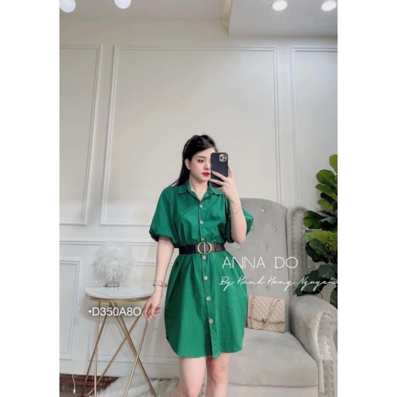 Váy Sơ Mi Suông Ngắn Tay Bồng Tiểu Thư Áo Kiểu Sơ Mi Form Dài Dáng Giấu Quần Kate Thô Mịn Màu Xanh Lá D305A8O