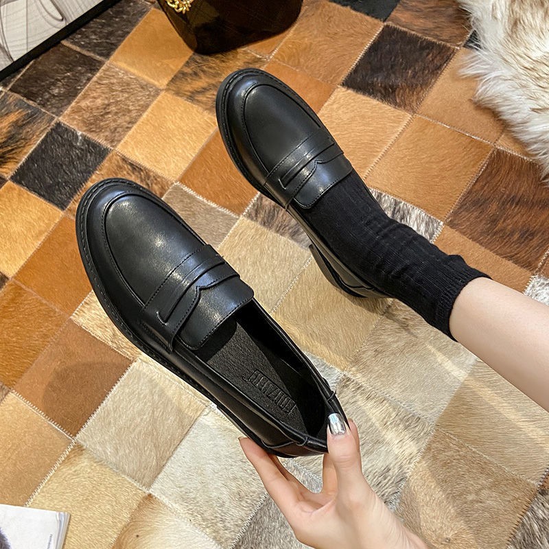 Giày Lười Lót Nhung Màu Đen Phong Cách Retro Anh Quốc Cho Nữ 2021
