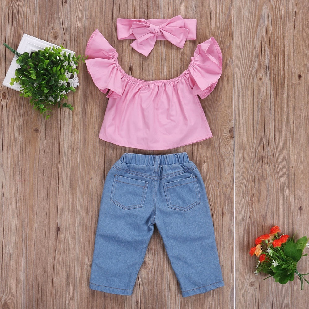 Set Quần Yếm Denim + Áo Trễ Vai Dễ Thương Cho Bé Gái