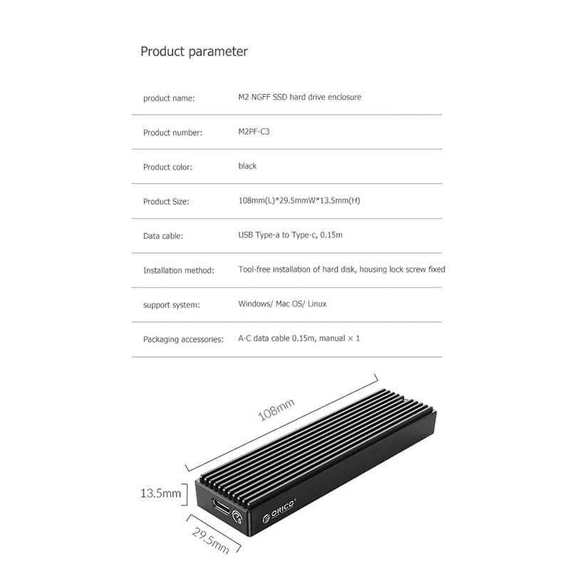 Box ORICO M2PV-C3 USB3.1 Type-C - Biến SSD M.2 NVMe PCIe thành ổ cứng di động