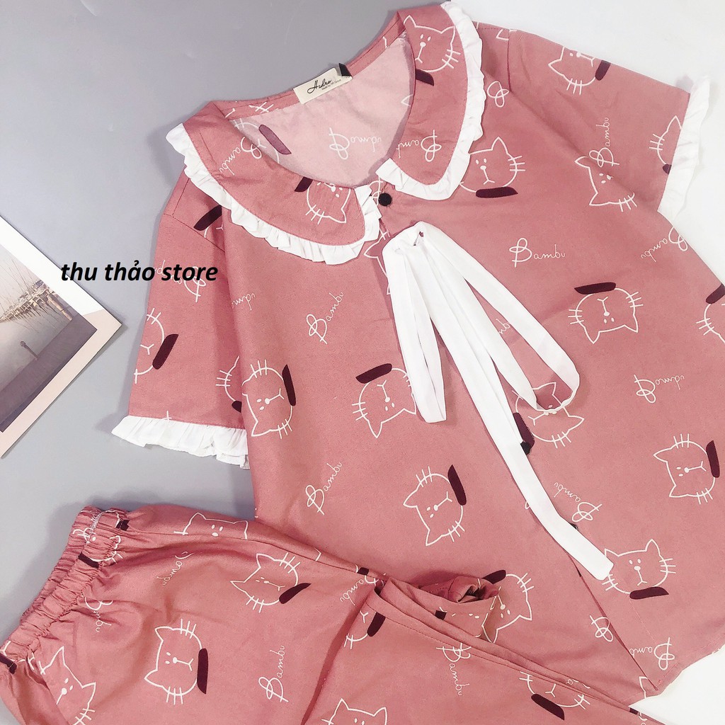 Set bộ mặc nhà tay ngắn quần dài cổ bèo nơ tiểu thư bảng màu đẹp(3m-no).