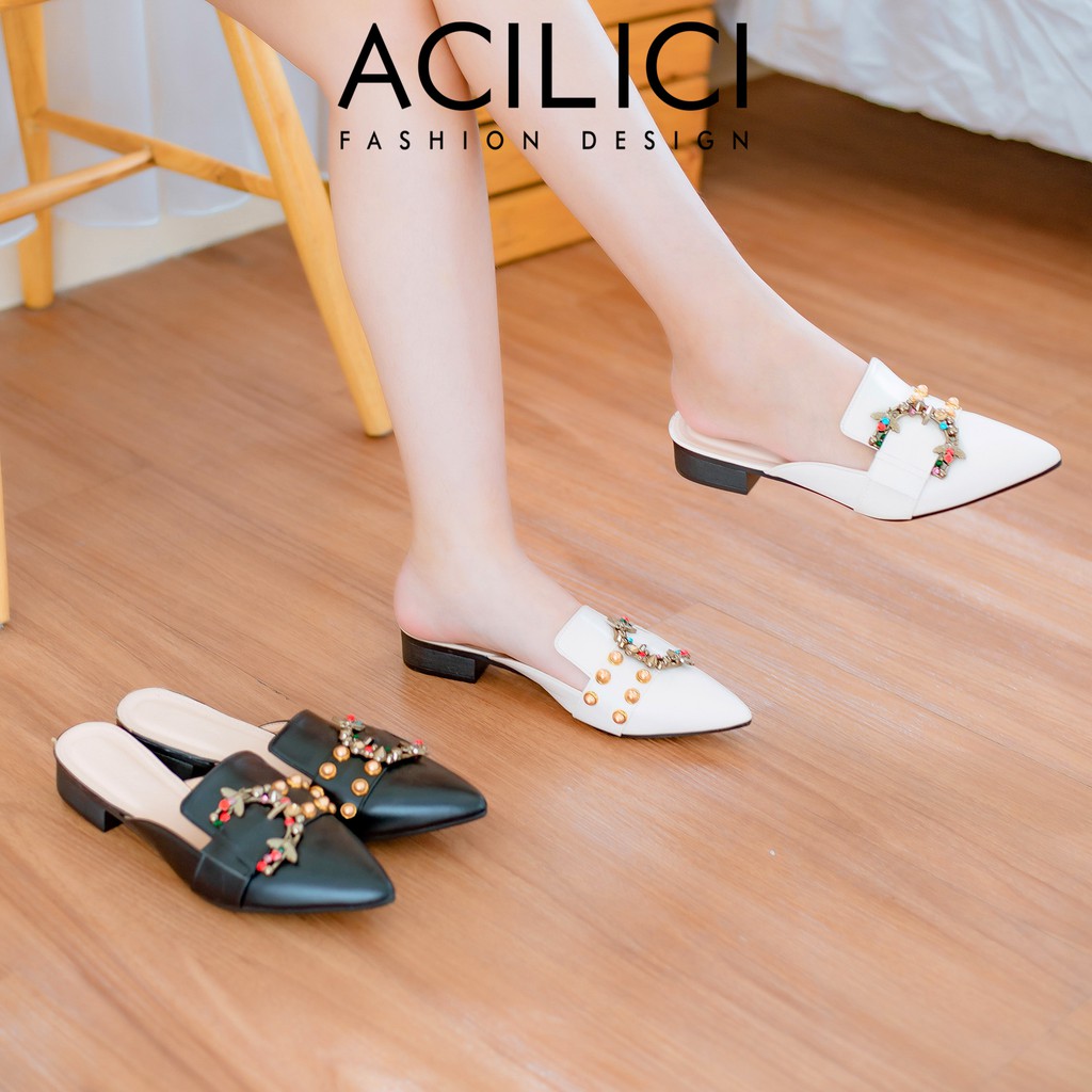 Giày sục nữ ACILICI thời trang, giày búp bê nữ đế vuông thời trang mũi nhọn phối đá nhiều màu sắc gót cao 2cm_TC054