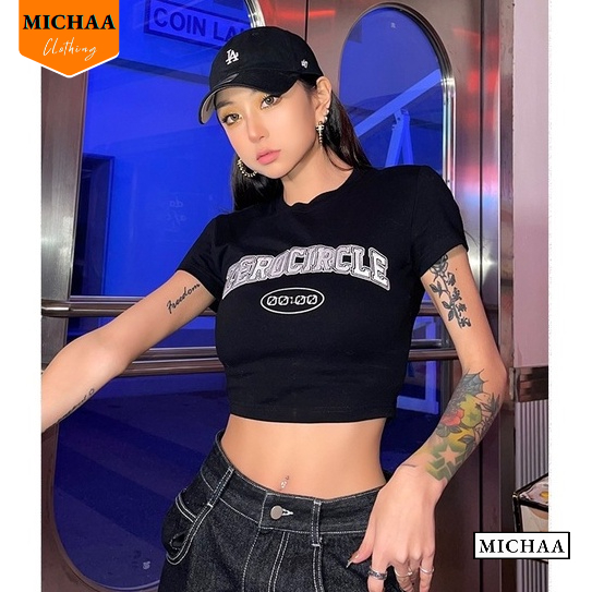 Áo Croptop Ôm Body Nữ ZERO CIRCLE Cổ Tròn Tay Ngắn, Áo Thun Croptop Kiểu In Họa Tiết - MICHAA CR87
