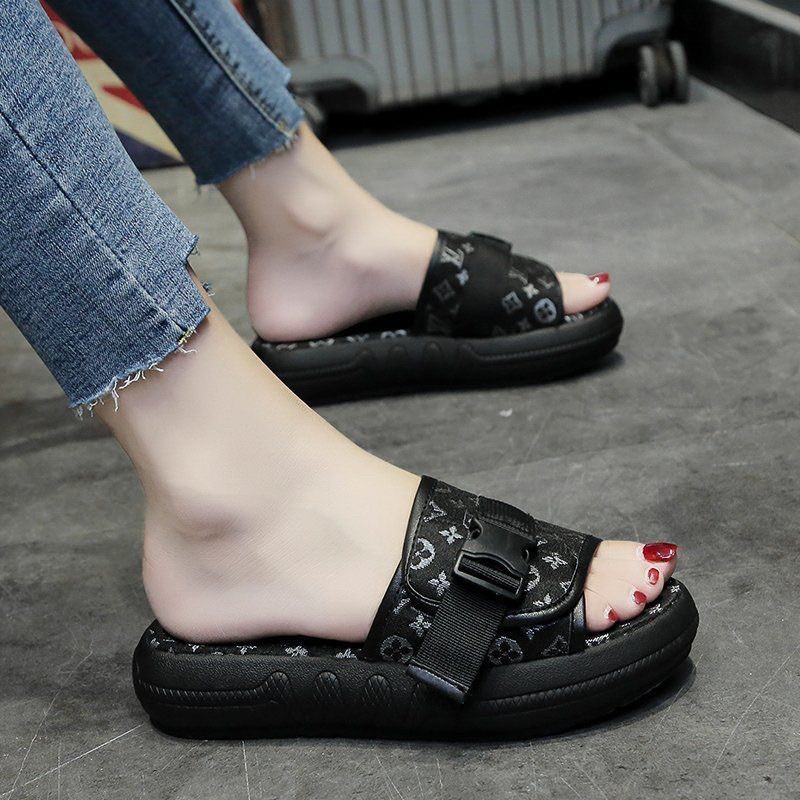 (sẵn) dép bánh mì hoạ tiết mono cực xinh 4cm 0204 - sẵn đen, nâu 35-40