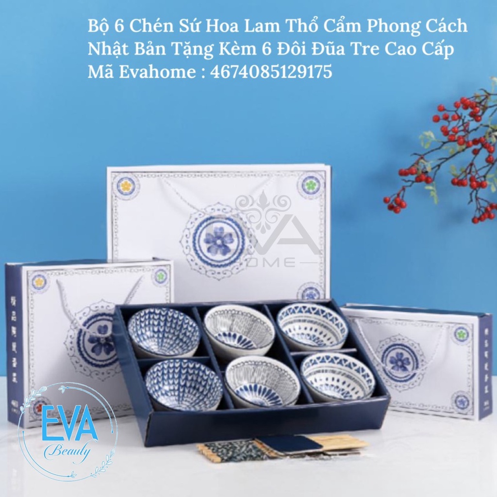SÉT 6 Chén Sứ Hoạ Tiết Hoa Văn Phong Cách Tặng Kèm 6 Đũa Hoá ĐẸP
