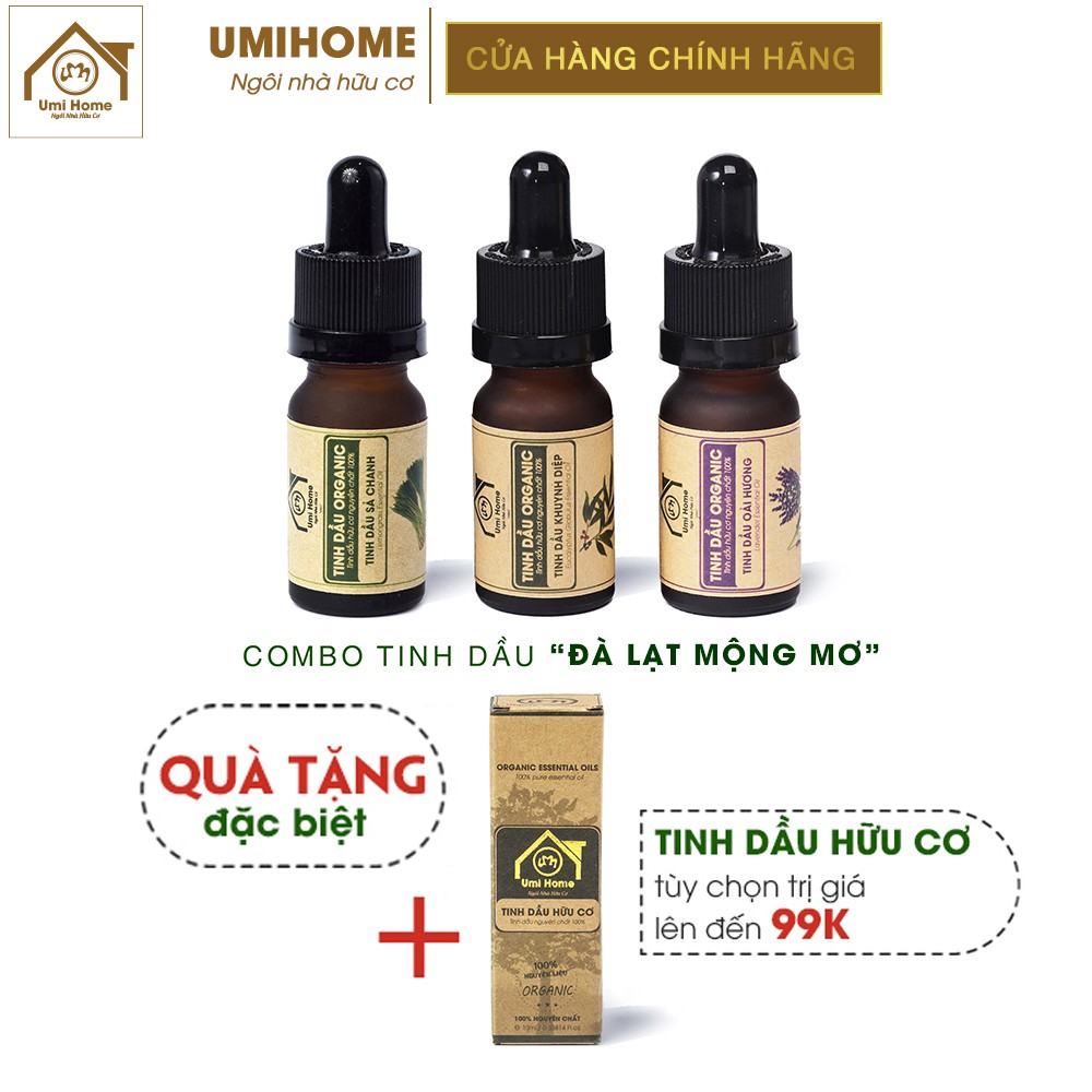 Combo 3 loại Tinh Dầu UMIHOME gồm Oải hương, Khuynh Diệp, Sả Chanh (10mlx3) nguyên chất hữu cơ