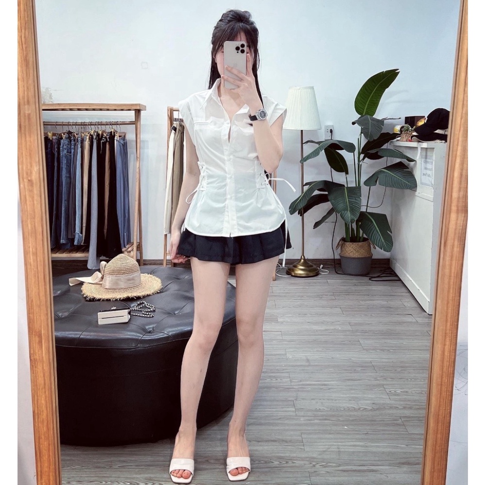 Áo Sơ Mi Trắng LOVELY (TRẮNG), Áo sơmi thiết kế eo cách điệu  Áo sơ mi cộc tay nhẹ nhàng nữ tính đi làm đi học_91 nội y