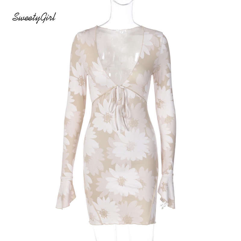 Đầm Mini Tay Dài Cổ Chữ V Họa Tiết Màu Nhuộm Eo Thấp Quyến Rũ Thời Trang 2022 Cho Nữ