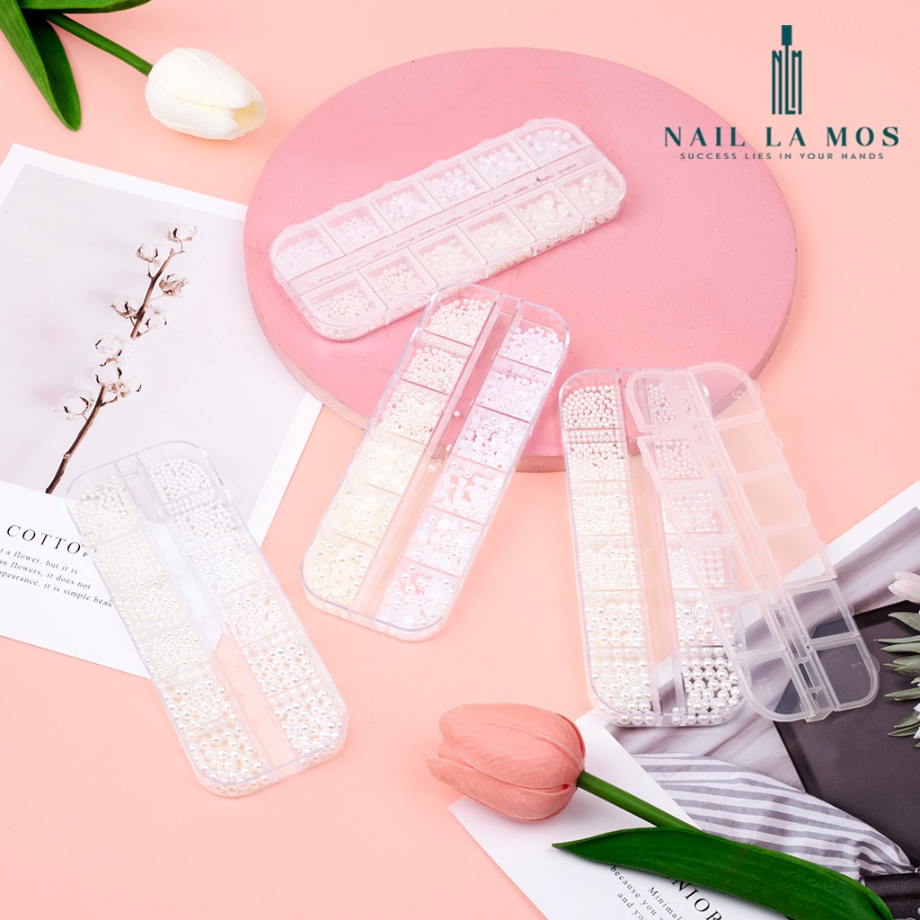 Khay ngọc trai nhân tạo mix size đính móng - Ngọc trai nhựa loại tròn, nửa viên hai màu trắng ngà đính nail sang chảnh